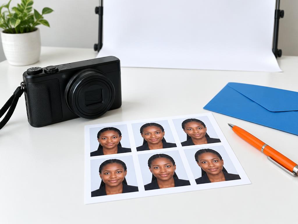 Camera beside a sheet of passport-sized photo prints