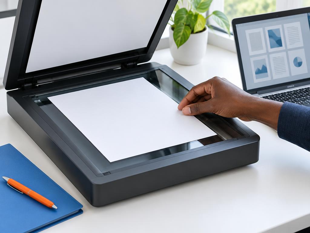 A document being placed on a flatbed scanner