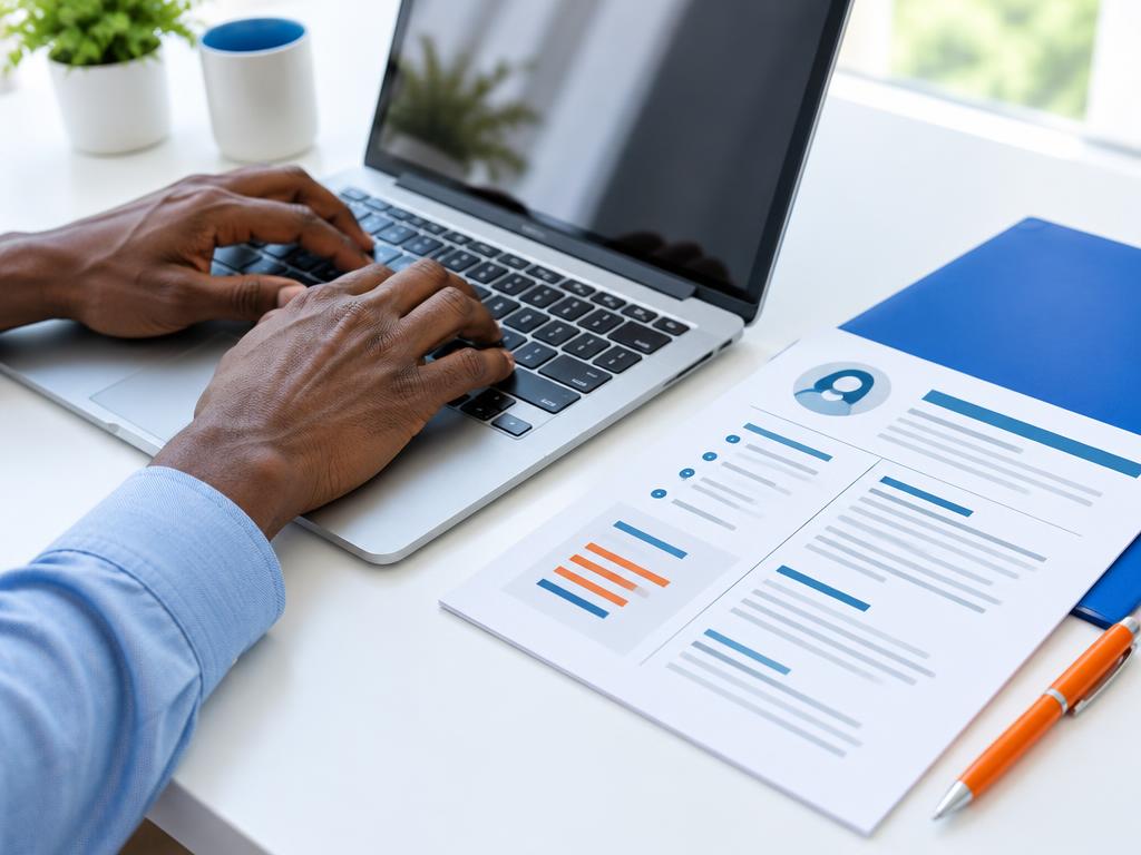 Hands typing beside a professionally prepared document